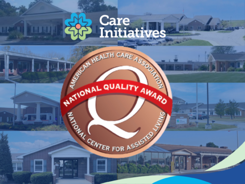 Collage of Care Initiative care facility buildings, with brand logo and National Quality Award badge featured prominently in the center.