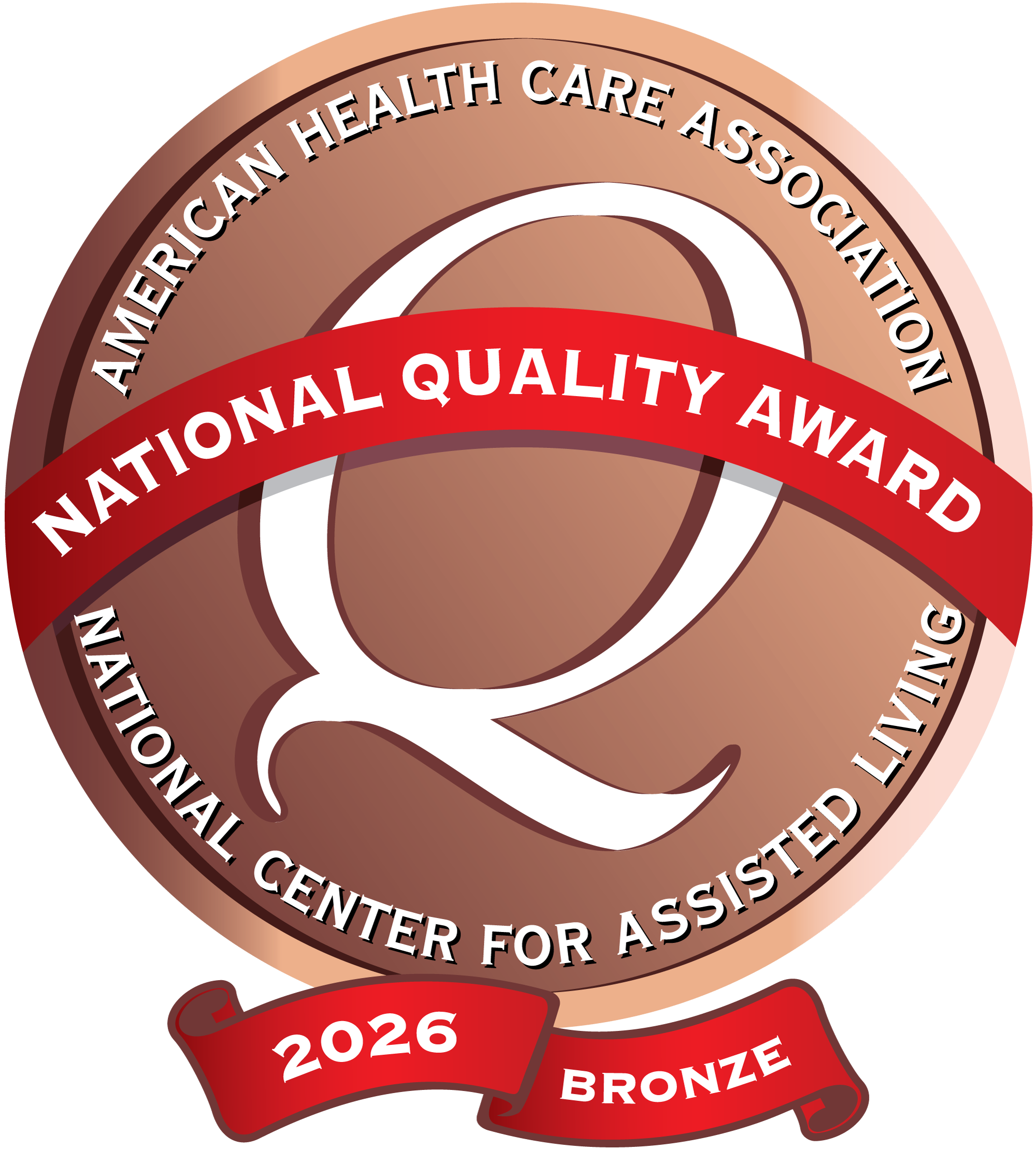 Bronze medal featuring a large Q, the words National Quality Award, American Health Care Association, National Center for Assisted Living, a ribbon at the bottom that reads 2026 Bronze, and branding for Care Initiative.