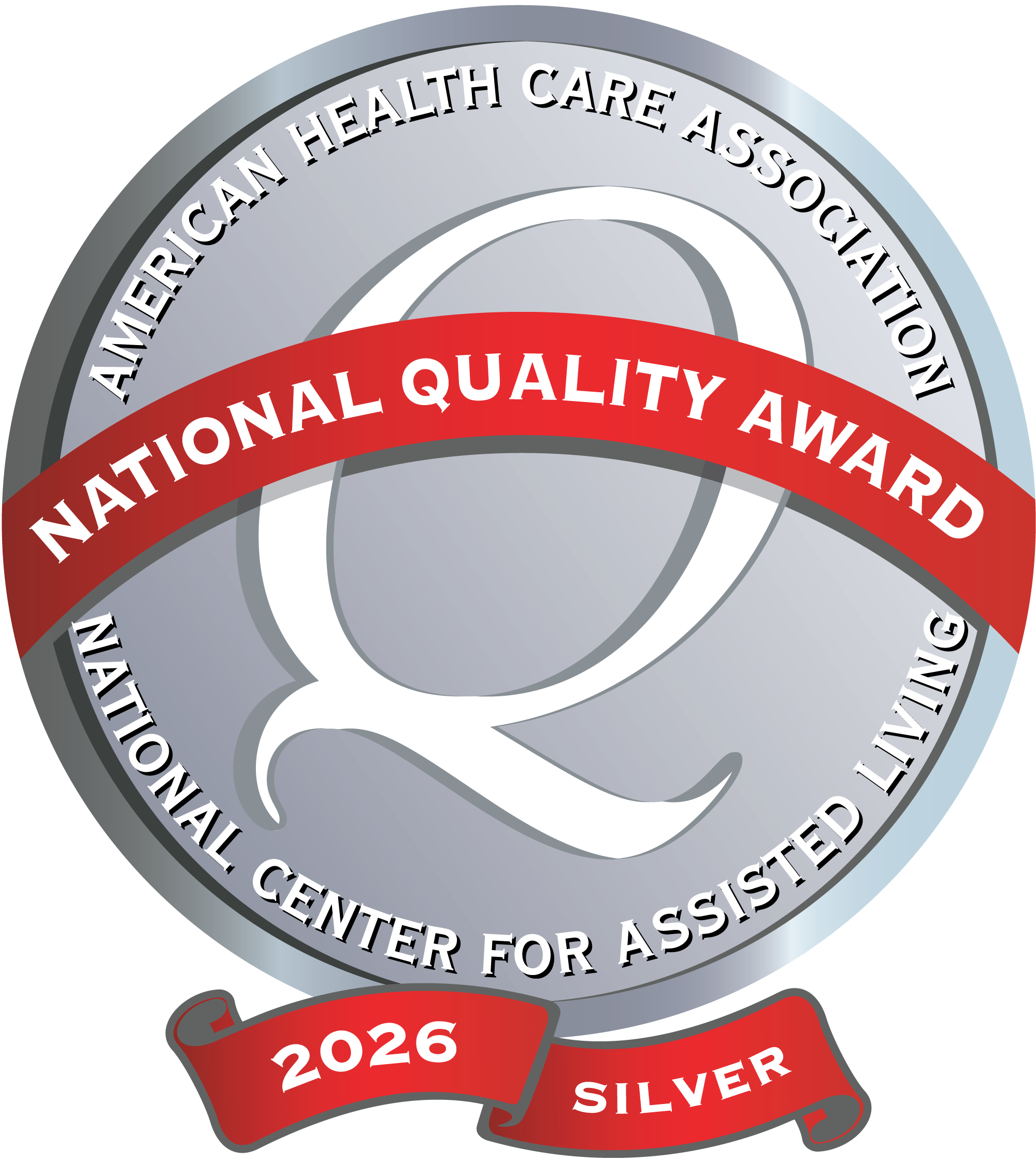 Silver medal featuring a prominent Q and a red ribbon labeled National Quality Award. Around the edge, text reads American Health Care Association and National Center for Assisted Living. The bottom ribbon displays 2026 Silver, with the Care Initiative brand name included.